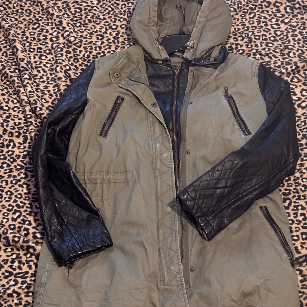 Victoria's Secret Olive Utility Jacket with Black Quilted Faux-Leather Sleeves